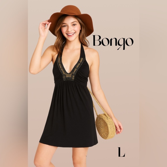 BONGO Dresses & Skirts - Bongo Beaded Halter Boho Black Dress Juniors Large Festival Summer Look NWT